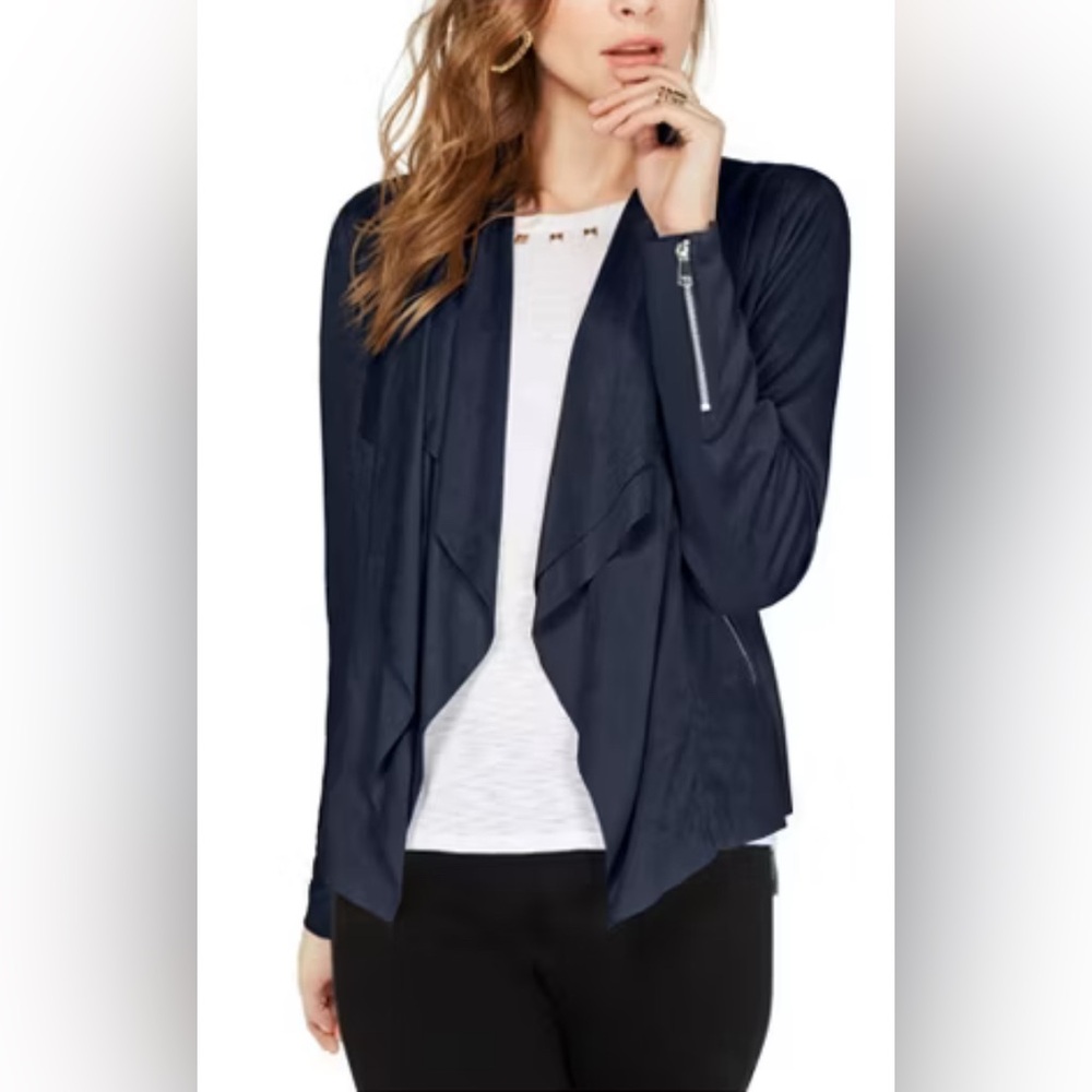 INC Women's Faux-Suede Double-Layer Drape-Front Jacket Navy Blue Sz XL